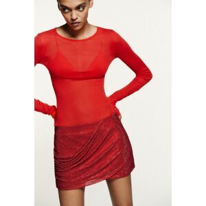 Zara Rhinestone Draped Mini Skirt Red Size S | Low-Rise Satin Mini Skirt